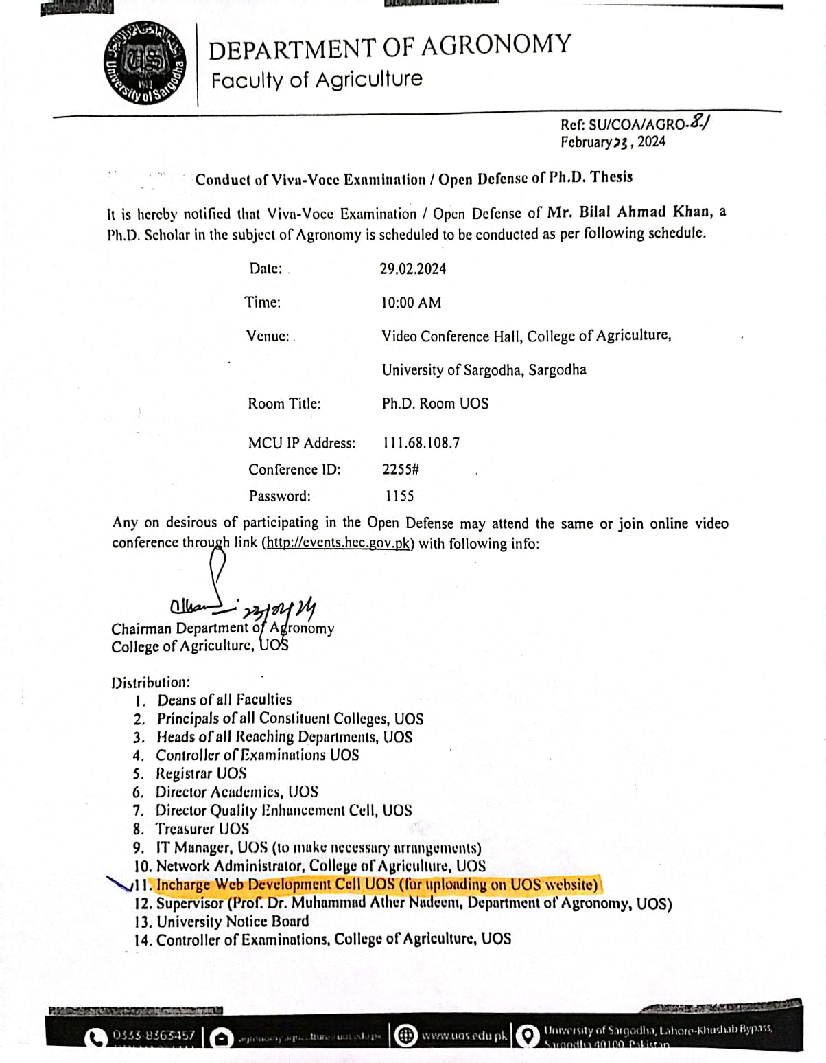 Conduct of Viva Voce Examination/ Open defense of Ph.D. Thesis (Agronomy)
